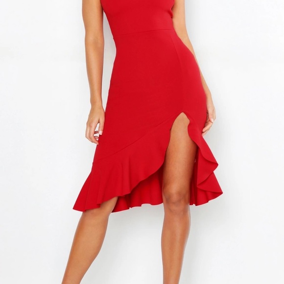 Strappy Frill Hem Midi Red Dress - Picture 2 of 9